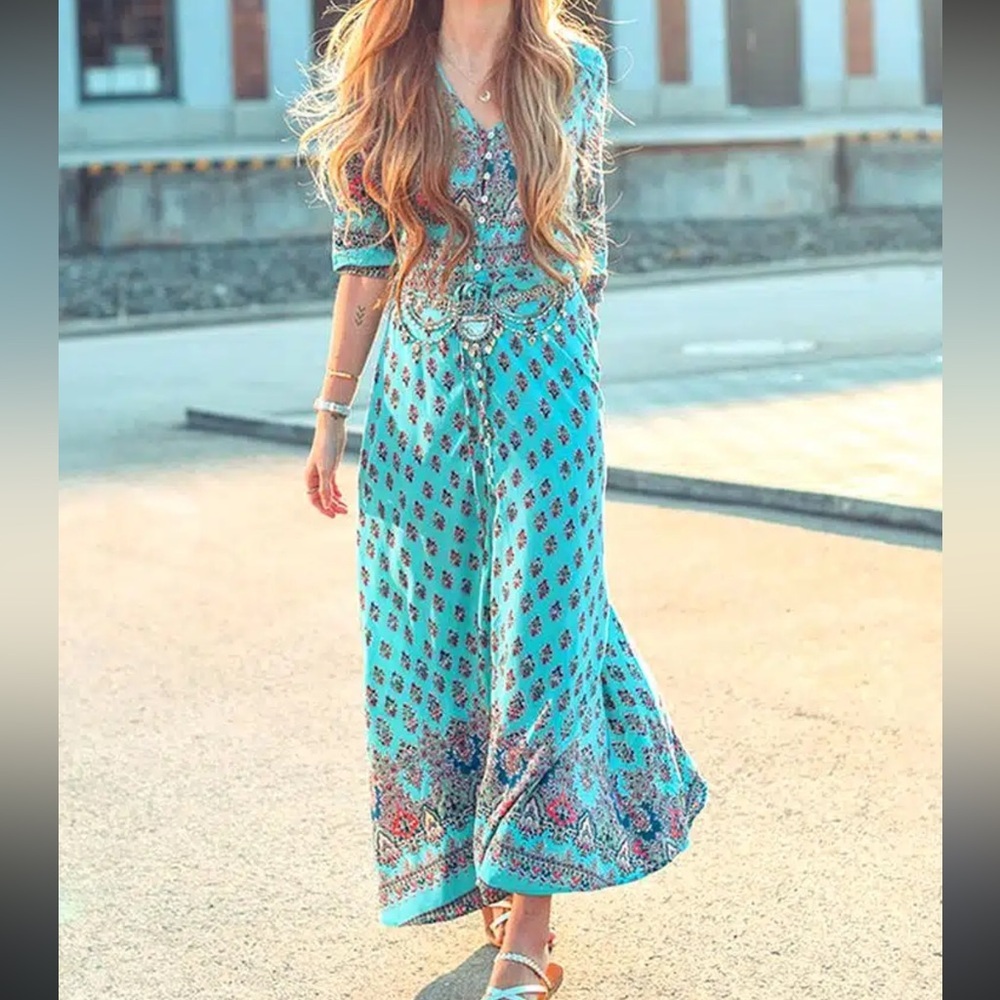 Maxi Length Boho Turquoise Floral Dress